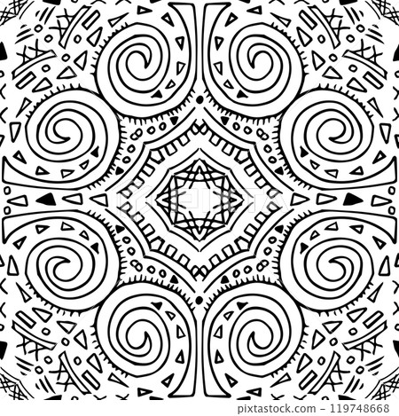 Black white tribal Polynesian geometric tattoo abstract hand drawn seamless pattern. Vector line endless illustration on white background Black white tribal Polynesian geometric tattoo abstract hand drawn seamless pattern. Vector line endless illustration on white background 119748668