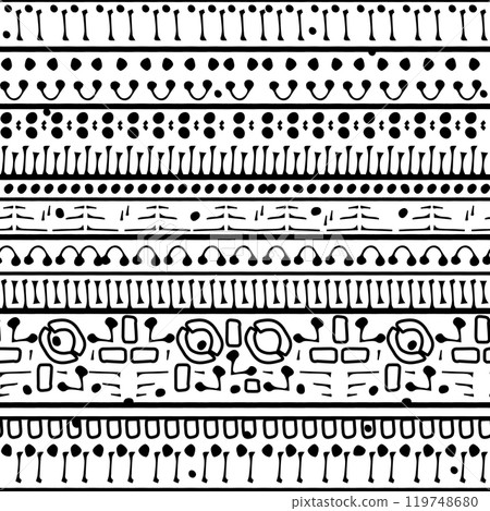 Ancient or African abstract motifs seamless border pattern on white background. Vector illustration of black lines, dots, circles 119748680