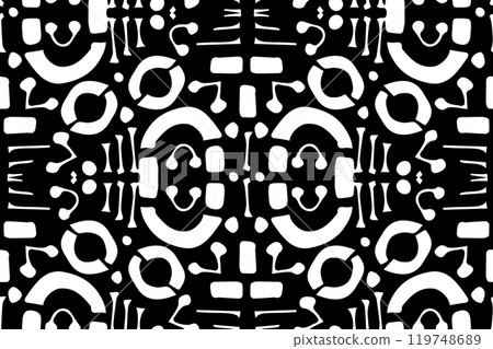 Black white modern halloween hand drawn seamless pattern on black background. Vector illustration of elements 119748689