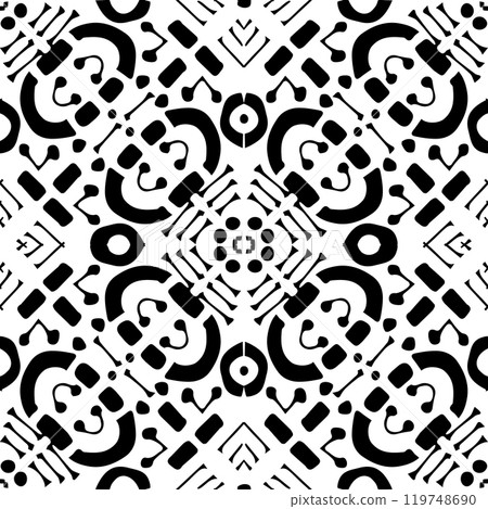 Monochrome hand drawn line seamless pattern on white background. Vector black white mozaic ornament tile for wall or print 119748690