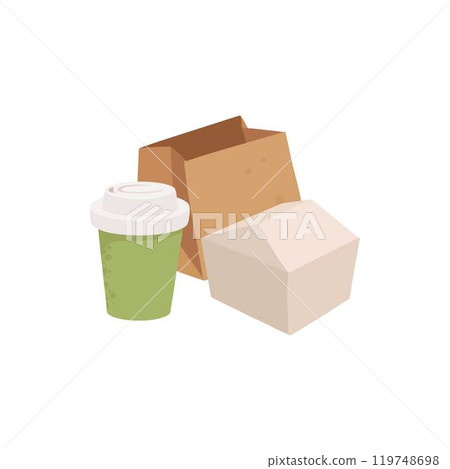 Fast food disposable container. Takeaway food delivery containers, carton box, paper bag and plastic cup for drinks flat vector illustration icon. Food delivery packaging Fast food disposable container. Takeaway food delivery containers, carton box, paper bag and plastic cup for drinks flat vector illustration icon. Food delivery packaging 119748698