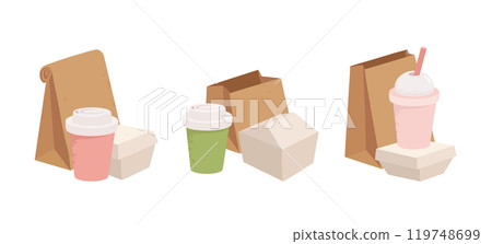 Fast food disposable containers. Takeaway food delivery containers, carton boxes, paper bags and plastic cups for drinks flat vector illustration set. Food delivery packaging Fast food disposable containers. Takeaway food delivery containers, carton boxes, paper bags and plastic cups for drinks flat vector illustration set. Food delivery packaging 119748699