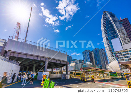 Tokyo cityscape in Japan Redevelopment of the west exit of Shinjuku Station. Steel beams already covering the entire area in front of the west exit of Shinjuku Station (towards Keio Department Store) = 21st 119748705