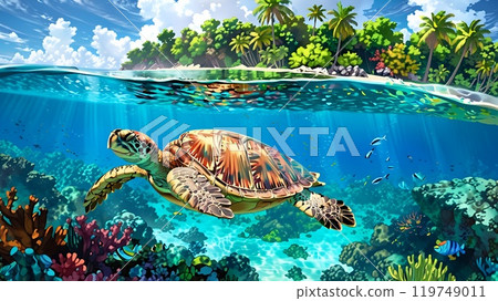 Underwater scene with a sea turtle swimming gracefully Underwater scene with a sea turtle swimming gracefully 119749011