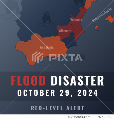 Flood disaster in Spain information illustration 119749089