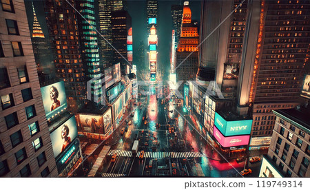 Rainy night skyline of a neon-lit city Rainy night skyline of a neon-lit city 119749314