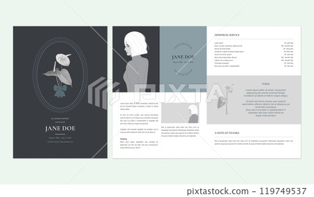 Floral memorial and funeral invitation card template design, Anthurium flower, dark grey and blue tone 119749537