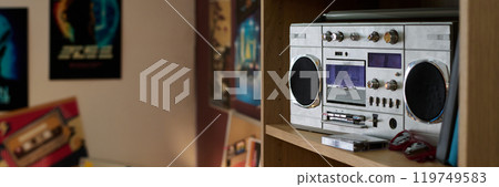 Displaying Vintage Boombox on Wooden Shelf 119749583