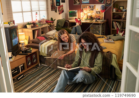 Studying Together in Cozy Bedroom Sharing Ideas Studying Together in Cozy Bedroom Sharing Ideas 119749690