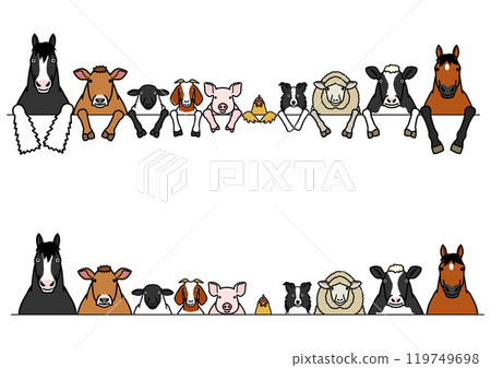 Animals lined up in a row, upper body Animals lined up in a row, upper body 119749698