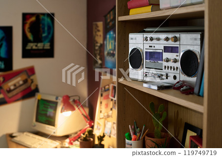 Retro Entertainment Room with Vintage Electronics Displayed 119749719