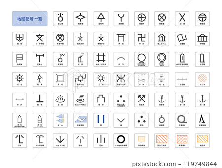 Map symbols list complete set illustration set Map symbols list complete set illustration set 119749844