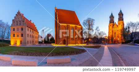Cathedral Basilica and historical buildings at dusk in Poznan, Poland 119749997