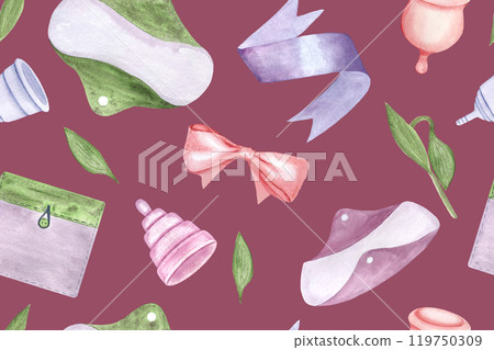 A period pad, menstrual cups, cover, ribbon watercolor seamless pattern on purple background. Menstrual protection items. Ideal for packaging, website background. Sustainable lifestyle choices of 119750309