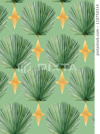 Palm leaf abstract hand painted watercolor seamless pattern on light green. High quality image perfect for cards, posters, stickers, eco materials, Christmas decoration design. Exotic plants clipart 119750314