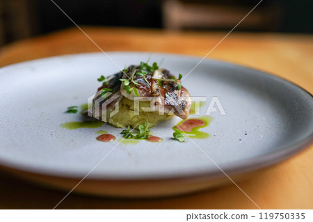 Pacific saury and sweet potato appetizer Pacific saury and sweet potato appetizer 119750335