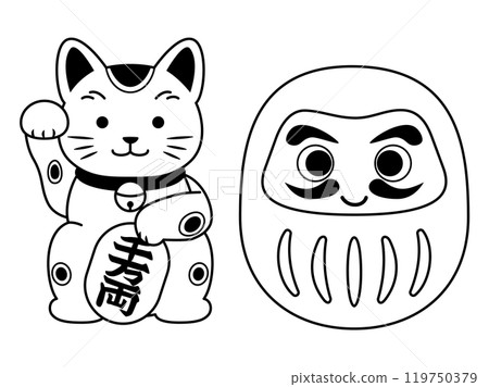 招財貓與不倒翁單色線描插圖素材 119750379