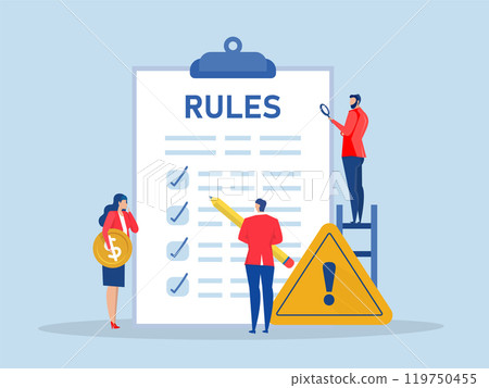 Rules and regulations document, businessman finish writing rules and regulations document,policy and guideline for employee to follow, legal term, corporate compliance or laws concept 119750455