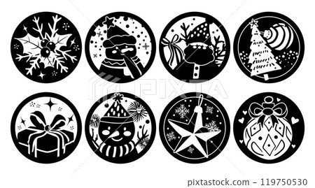 Set of isolated Christmas and New Year label in cute doodle style on transparent background. Volume 2 : Black silhouette. Set of isolated Christmas and New Year label in cute doodle style on transparent background. Volume 2 : Black silhouette. 119750530