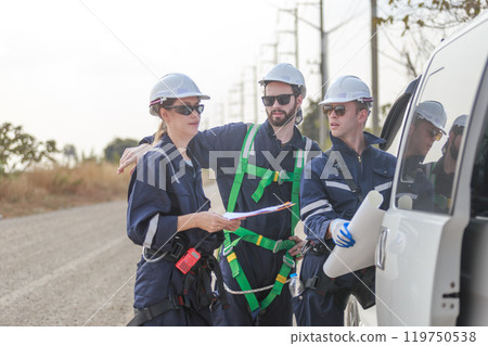 Team engineer wind turbine worker safety uniform survey discuss operational planning windmill field clean energy. Alternative technology protect environment reduce global warming problems. Team engineer wind turbine worker safety uniform survey discuss operational planning windmill field clean energy. Alternative technology protect environment reduce global warming problems. 119750538