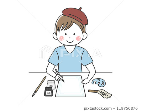 Illustration of a male manga artist wearing a beret Illustration of a male manga artist wearing a beret 119750876