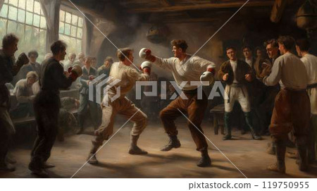 Vintage boxing match - historical indoor fight scene illustration with spectators watching 119750955