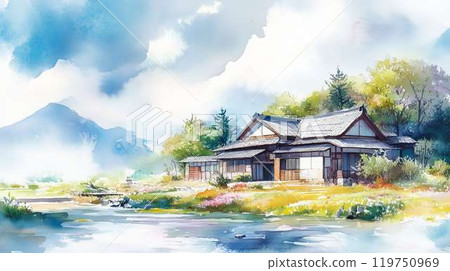 日本鄉村景觀風景被沿河的古老民居和安靜的自然包圍水彩柔和的插圖 119750969