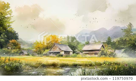 Quiet rural landscape in autumn Japanese Satoyama surrounded by old houses with thatched roofs and golden rice ears Watercolor pastel illustration Quiet rural landscape in autumn Japanese Satoyama surrounded by old houses with thatched roofs and golden rice ears Watercolor pastel illustration 119750970