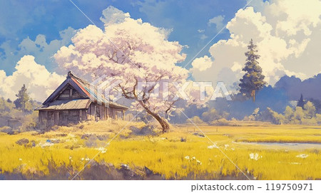 Spring countryside landscape, beautiful Japanese watercolor pastel illustration of cherry blossom trees and old huts Spring countryside landscape, beautiful Japanese watercolor pastel illustration of cherry blossom trees and old huts 119750971