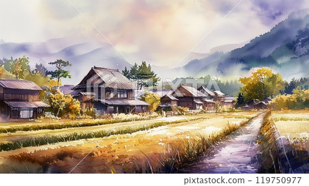 秋季鄉村日本風景，安靜的農莊和金色的稻穗水彩柔和的插圖-插圖素材