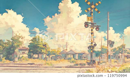 Railroad crossing and blue sky in summer countryside | Idyllic Japanese scenery | Nostalgic quiet village and traffic lights 119750994