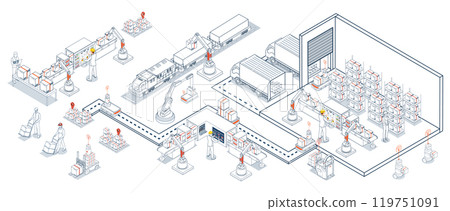 Automated warehouse operations using AGVs and AMRs for robotic material handling and transportation. Vector illustration EPS 10 Automated warehouse operations using AGVs and AMRs for robotic material handling and transportation. Vector illustration EPS 10 119751091