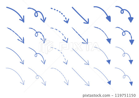 A simple illustration set of hand-drawn blue arrows pointing downwards 119751150