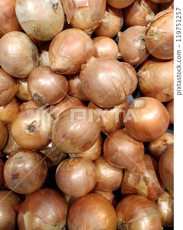 group of onions in tray in supermarket for sale group of onions in tray in supermarket for sale 119751257