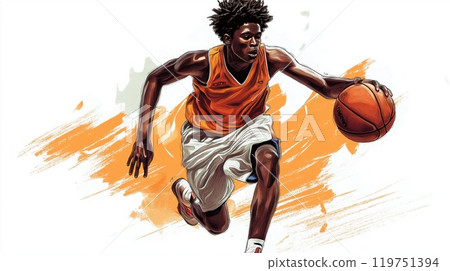 Basketball dribbling player energetic sports orange background powerful movement illustration Basketball dribbling player energetic sports orange background powerful movement illustration 119751394