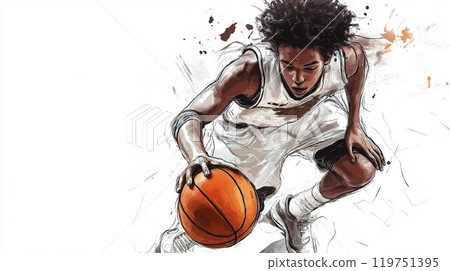 Basketball player dribbling technique sports action energetic white background illustration Basketball player dribbling technique sports action energetic white background illustration 119751395