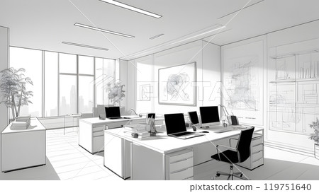 Line drawing of an office interior 119751640