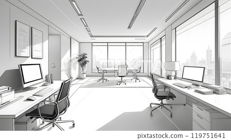 Line drawing of an office interior 119751641