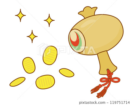 Illustration of a mallet that gives out gold coins (with outline) Illustration of a mallet that gives out gold coins (with outline) 119751714