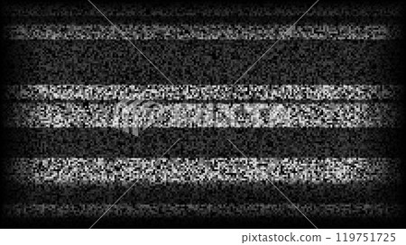 TV static noise background. Glitch pixelated television screen. Lost or bad TV signal VHS video with black stripes wallpaper. White noise grain. CRT screen with interferences or glitches. Vector 119751725