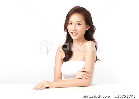 Beautiful young asian woman with clean fresh skin on white background, Face care, Facial treatment, Cosmetology, beauty and spa, Asian women portrait. Beautiful young asian woman with clean fresh skin on white background, Face care, Facial treatment, Cosmetology, beauty and spa, Asian women portrait. 119751745