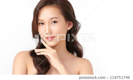Beautiful young asian woman with clean fresh skin on white background, Face care, Facial treatment, Cosmetology, beauty and spa, Asian women portrait. Beautiful young asian woman with clean fresh skin on white background, Face care, Facial treatment, Cosmetology, beauty and spa, Asian women portrait. 119751746