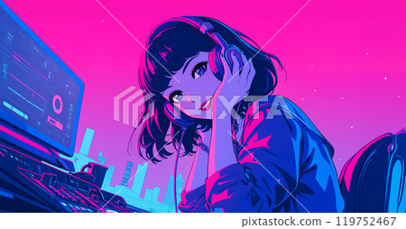 Anime-style girl listening to music with headphones AI-generated image 119752467