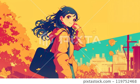 Stylish anime-style girl in autumn city 119752468
