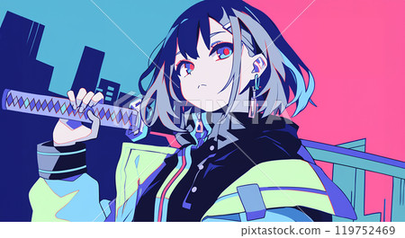 Anime-style girl holding a Japanese sword AI Anime-style girl holding a Japanese sword AI 119752469