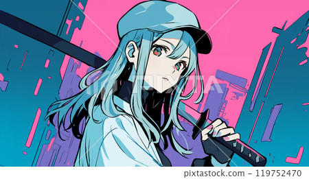 Anime-style girl holding a Japanese sword AI Anime-style girl holding a Japanese sword AI 119752470
