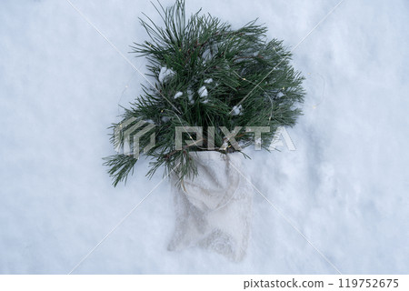 Reusable shopping bag with fir spruce green branches in snowy outdoor winter forest background. Merry Christmas and new year concept. Natural bouquet greeting card copy space Reusable shopping bag with fir spruce green branches in snowy outdoor winter forest background. Merry Christmas and new year concept. Natural bouquet greeting card copy space 119752675