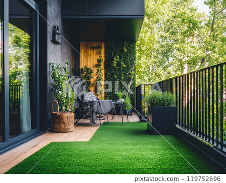 Image of a newly built house: Relaxation space with artificial turf 119752696