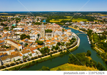 Summer view of historic areas of Saintes with cathedral, France 119752824