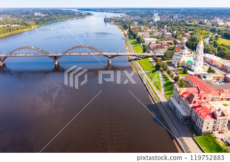 Drone view of the city of Rybinsk with the bridge over the Volga River 119752883